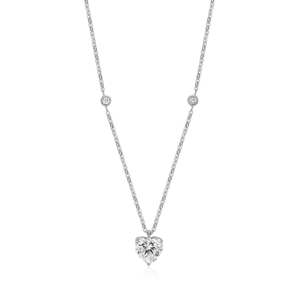 14K White Gold Heart Diamond Station Necklace - G.W Bands