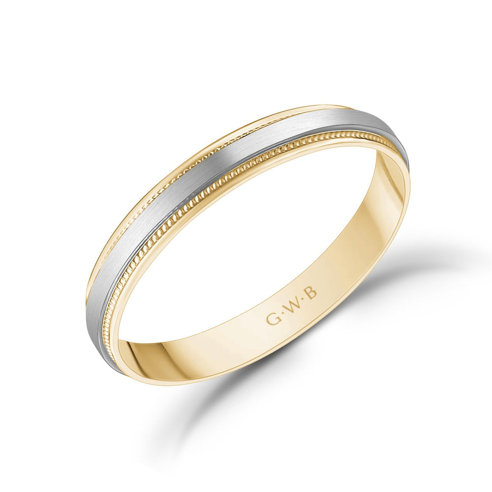 
            
                Load image into Gallery viewer, 3mm 14K Gold Brushed Flat Milgrain Wedding Band
            
        