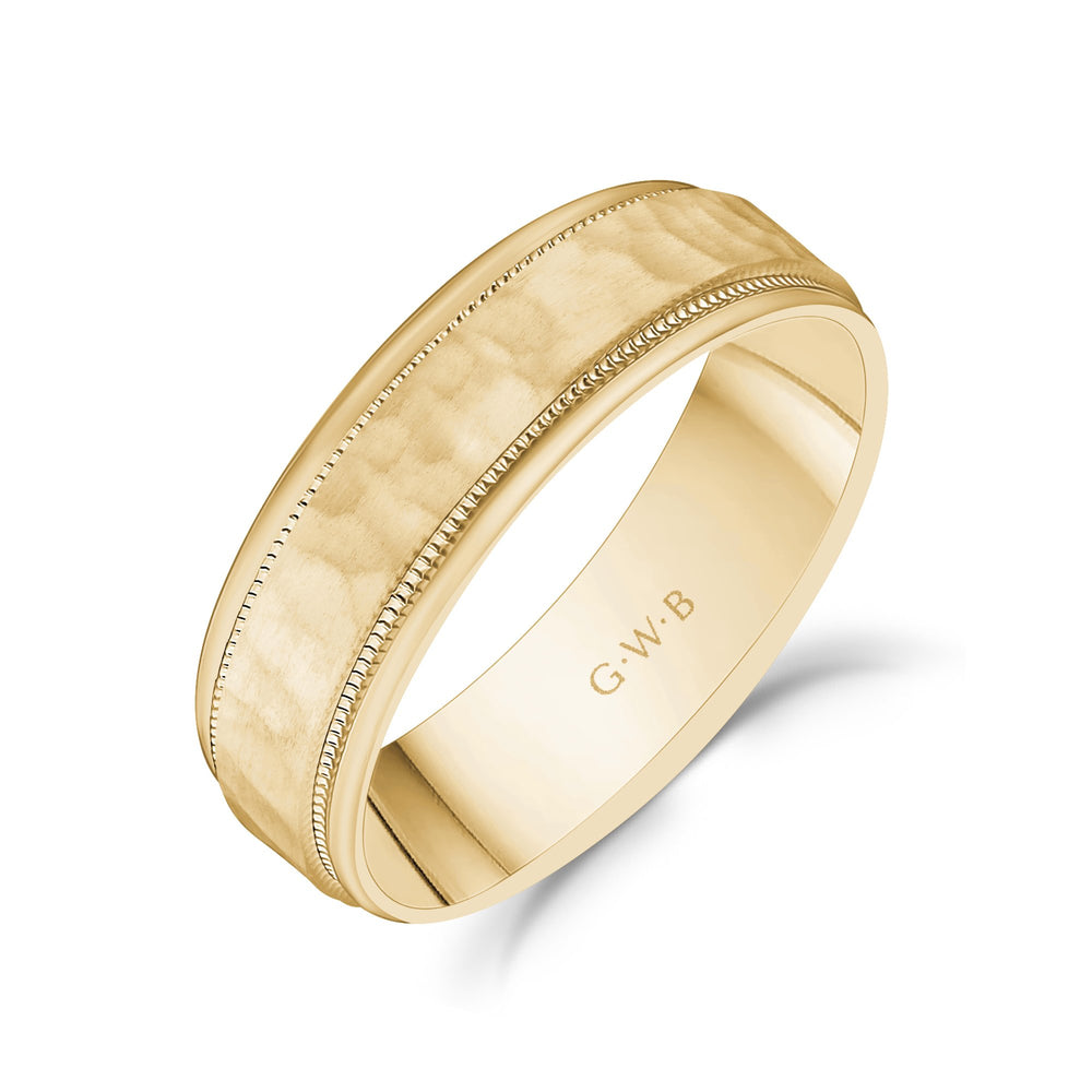 
            
                Load image into Gallery viewer, 6mm 18K Gold Brushed Center Hammered Milgrain Wedding Band
            
        