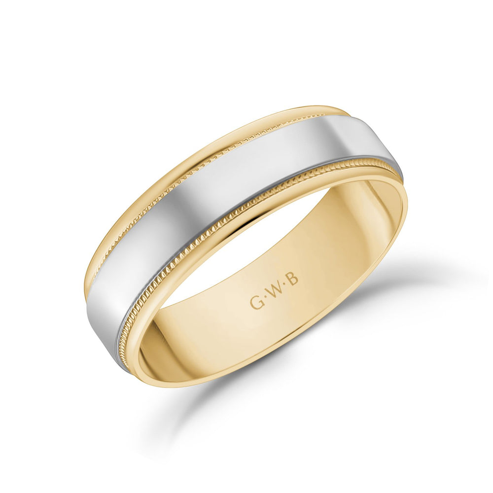 
            
                Load image into Gallery viewer, 6mm 18K Gold High Polished Flat Milgrain Wedding Band
            
        